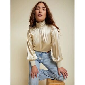 Nation LTD Anne Feminine Turtleneck Top Blouson White Chocolate Small Satin Chic